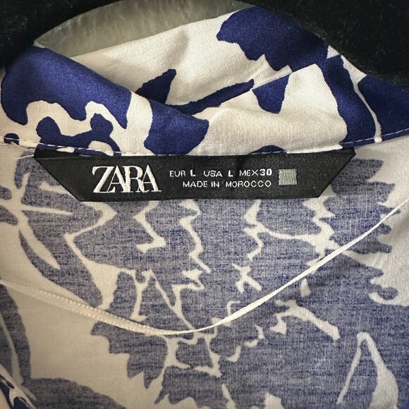 Zara 100% Cotton Blue White Floral Print Midi Shirt Dress LARGE Button Front - Picture 5 of 8